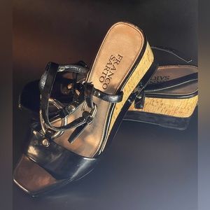 Franco Sarto Black Wedges, 90s Cork Wedge Heels, Vintage Strappy Sandal